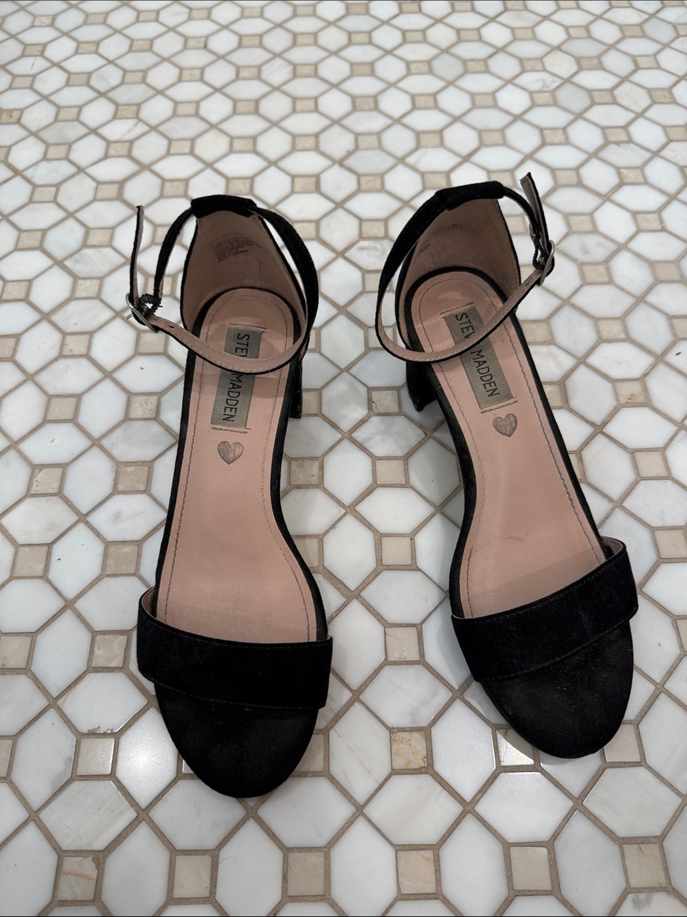 Steve Madden Black Suede Open-Toe Ankle Strap Block Heels